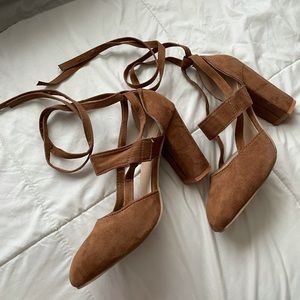 Strappy Tan Suede Block Heels